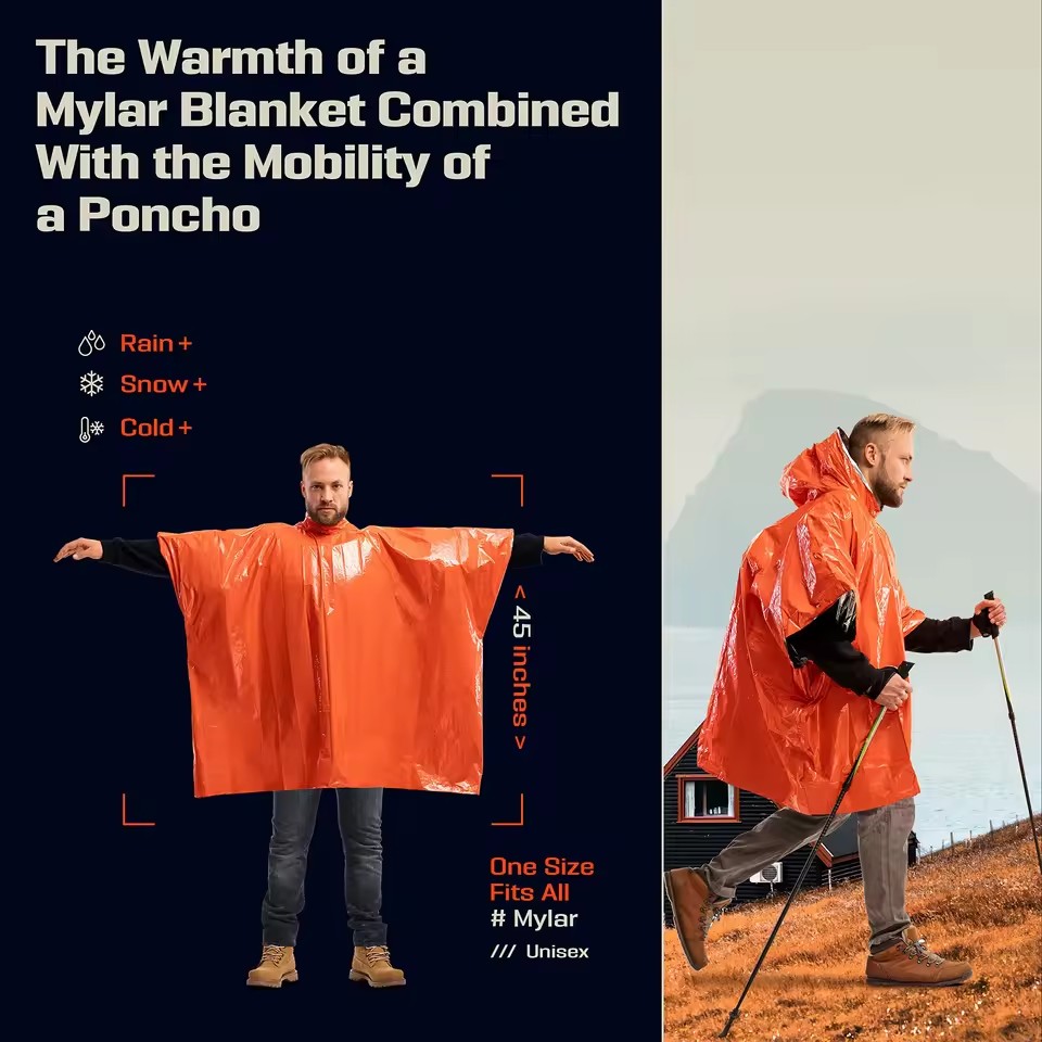 Survival Blanket Reflective - 緊急時用、防水・防寒ポンチョ、保温性のあるサバイバルブランケット、キャンプやハイキングに最適な熱反射防水レインコート。