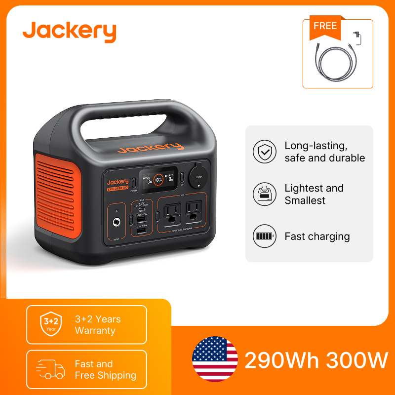 Solar Emergency Charger - Jackery ポータブル電源 エクスプローラー300New 5m延長コード付き、アウトドアキャンプ、旅行用ソーラー発電機