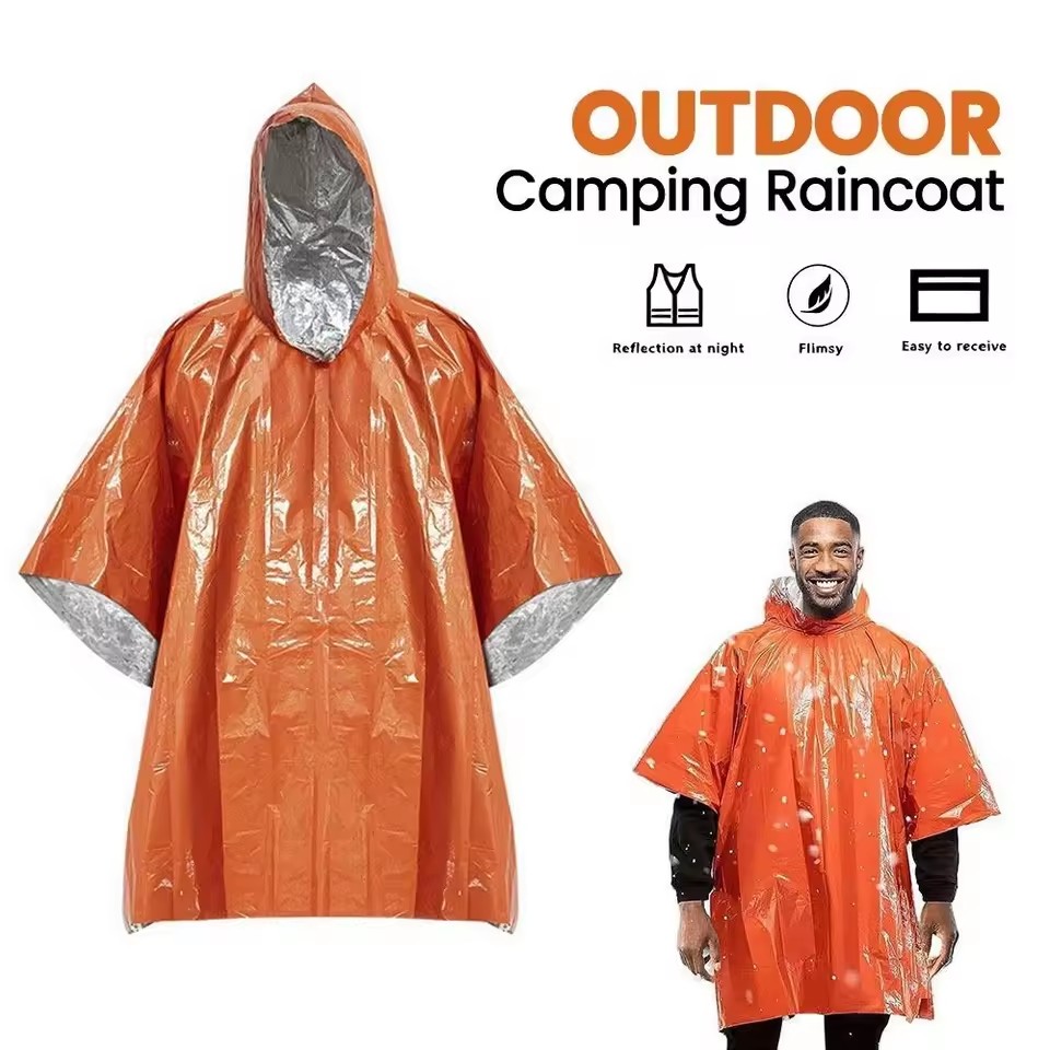 Emergency Poncho Rain - 1枚/2枚セットの緊急用レインポンチョ、断熱ブランケット、アルミ箔製のサバイバルギア、防水フード付きレインコート。キャンプやハイキングに最適。2色展開。